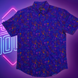 Load image into Gallery viewer, Full centered view of the 7-Strong "Happy Hour" button down shirt, featuring a multitude of neon colored drinks and glassware with garnishes, mixes, and the like all over a deep purple background. The shirt is displayed against a gradient purple background with a neon sign signaling "Happy Hour."