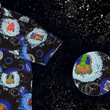 Load image into Gallery viewer, 3/4 Full view of the Twi-Fright Zone 7-Strong button down, featuring various shade of blue and black portals opening on a black background with various haunting creatures emerging from them. The shirt is featured on a similar dark background, with various of the characters seen in the background. Bottom right features a detail circle showing a close-up look of the design.