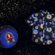 Load image into Gallery viewer, 3/4 Full view of the Twi-Fright Zone 7-Strong button down, featuring various shade of blue and black portals opening on a black background with various haunting creatures emerging from them. The shirt is featured on a similar dark background, with various of the characters seen in the background. Bottom left features a detail circle showing an upclose look at some of the shirt's design.