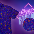 Load image into Gallery viewer, 3/4 full view of the 7-Strong "Happy Hour" button down shirt, featuring a multitude of neon colored drinks and glassware with garnishes, mixes, and the like all over a deep purple background. The shirt is displayed against a gradient purple background with a neon sign signaling "Happy Hour." The bottom right corner features a detail circle that has an up close look at the shirt design.