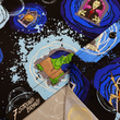 Load image into Gallery viewer, Bottom sweep tag view of the Twi-Fright Zone 7-Strong button down, featuring various shade of blue and black portals opening on a black background with various haunting creatures emerging from them. The shirt is featured on a similar dark background, with various of the characters seen in the background.