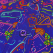 Load image into Gallery viewer, Midsection button view of the 7-Strong "Happy Hour" button down shirt, featuring a multitude of neon colored drinks and glassware with garnishes, mixes, and the like all over a deep purple background. The shirt is displayed against a gradient purple background with a neon sign signaling "Happy Hour."