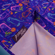 Load image into Gallery viewer, Bottom sweep view of the 7-Strong "Happy Hour" button down shirt, featuring a multitude of neon colored drinks and glassware with garnishes, mixes, and the like all over a deep purple background. The shirt is displayed against a gradient purple background with a neon sign signaling "Happy Hour."