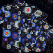 Load image into Gallery viewer, Centered, overlapping full view of the adult and youth Twi-Fright Zone 7-Strong button down, featuring various shade of blue and black portals opening on a black background with various haunting creatures emerging from them. The shirt is featured on a similar dark background, with various of the characters seen in the background.