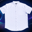 Load image into Gallery viewer, A full, centered view of the 7-Strong "Stay" button down, a white shirt with staggered, hollowed out semicolons outlined in teal and purple - the colors for suicide awareness. The shirt is on a purple and teal wispy, illuminated background.
