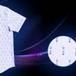 Load image into Gallery viewer, A 1/2 view of the 7-Strong "Stay" button down, a white shirt with staggered, hollowed out semicolons outlined in teal and purple - the colors for suicide awareness. The shirt is on a purple and teal wispy, illuminated background. The bottom left features a detail circle showing the shirt design icons up close.
