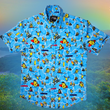 Load image into Gallery viewer, Full, centered, close up view of the 7-Strong Avocado Coast button down featuring various avocado characters engaging in summer activities such as grilling, playing volleyball, weightlifting, surfing, etc against a blue shimmery wave looking background. The shirt is displayed on a coastal rainforest background.