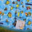 Load image into Gallery viewer, Bottom sweep tag portion view of the 7-Strong Avocado Coast button down featuring various avocado characters engaging in summer activities such as grilling, playing volleyball, weightlifting, surfing, etc against a blue shimmery wave looking background. The shirt is displayed on a coastal rainforest background.