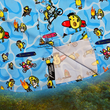 Load image into Gallery viewer, Bottom sweep tag close up view of the 7-Strong Avocado Coast button down featuring various avocado characters engaging in summer activities such as grilling, playing volleyball, weightlifting, surfing, etc against a blue shimmery wave looking background. The shirt is displayed on a coastal rainforest background.