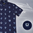 Load image into Gallery viewer, 7-Strong's adult Ballpark Blueprints shirt, featuring overhead maps of all the major league stadiums, left justified against a background of one of the drawn maps. Bottom right features a detail circle of one of the stadium designs.