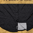 Load image into Gallery viewer, Bottom lower half close up view of the 7-Strong Bandido shirt, a black and gray paisley shirt design with black pearl snap buttons. Shirt is featured against a sepia toned parchment paper resembling a "wanted" sign.