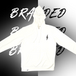 Load image into Gallery viewer, Full centered view of the front of the 7-Strong white 'Branded' hoodie, featuring a black 7-bolt logo on the left chest and a small tag on the hip opening. Shirt is featured against a half black/half white background with the word "BRANDED" written three times down the middle.