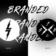 Load image into Gallery viewer, Left side features a close up view of the front print of the 7-Strong 'Branded' hoodie, featuring a black 7-bolt on the left chest. On the right side, there is a detail circle showing the larger back print, which is that of a badge-like circle highlighting the 7-Strong initials and established watermark, around two lightning bolts that create an "x." Hoodie is featured against a half black/half white background with the word "BRANDED" written three times down the middle.