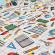 Load image into Gallery viewer, Midsection view of 7-Strong Class act button-down featuring various classroom items such as pencils, rulers, globes, notebooks, apples, protractors, etc against a white graph paper background. Shirt is against a background of school supplies.