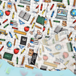 Load image into Gallery viewer, Bottom sweep tag view of 7-Strong Class act button-down featuring various classroom items such as pencils, rulers, globes, notebooks, apples, protractors, etc against a white graph paper background. Shirt is against a background of school supplies.