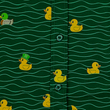 Load image into Gallery viewer, A centered close up, midsection view of the 7-Strong "Duck O' The Irish" adult button down, featuring a deep green water-replicating background with various rubber ducks swimming along the waves.