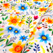 Load image into Gallery viewer, A midsection close-up shot of the 7-Strong "Daisy Me Rollin'" adult button down shirt, a white base color with various blue, red, orange, and yellow floral daisies in an all over print. The shirt is displayed against a background of a field of daisies.