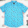 Load image into Gallery viewer, A full, centered view of the adult 8-Bit Hat Trick button down - featuring various 8-bit inspired scenes from hockey games on a light blue ice-like background. The shirt is featured against a ice hockey floor with hats strewn about.