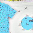 Load image into Gallery viewer, A 3/4 full view of the adult 8-Bit Hat Trick button down - featuring various 8-bit inspired scenes from hockey games on a light blue ice-like background. The shirt is featured against a ice hockey floor with hats strewn about. The bottom right features a detail circle with a close up of a few scenes from the shirt.