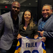 Load image into Gallery viewer, Male model, with wife, posing with NFL veteran Marshall Faulk, smiling at camera wearing the "Call Me Old Fashioned" adult long sleeve button-down. Features elements of an Old Fashioned cocktail (bottle of bourbon, glasses, oranges, stirrers, and ice) against a blue background which faintly spells out an Old Fashioned recipe.
