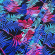 Load image into Gallery viewer, Close-up midsection view of the 7-Strong "Neon Coast" adult button down shirt. Featuring vibrant teal, pink, and blue palm fronds, overlapping throughout the shirt, against a black/deep purple background. The shirt is laid out on the sand of a beach.