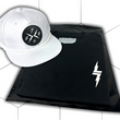 Load image into Gallery viewer, Folded and centered close up of the 7-Strong black Branded tee, featuring a 7-bolt logo left justified in white. It is paired with the white "Branded" performance hat with raised x-badge patch. Shirt is featured against a white geometric background.
