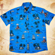 Load image into Gallery viewer, A full view of the 7-Strong "7-Seas" shirt, a bright blue colored shirt with various nautical depictions such as islands, ships, mermaids, etc - drawn in a treasure map like fashion. The shirt is displayed against a weathered treasure map and compass background.