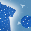 Load image into Gallery viewer, A 3/4 view of the youth 7-Strong "Paper Planes" button down shirt - featuring various sizes and designs of paper airplanes, some with dotted trails behind them against a royal blue background. The shirt is displayed against a faced background of the shirt details. In the bottom right is a detail circle with a close up of the design.