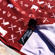Load image into Gallery viewer, A bottom sweep tag view of the 7-Strong youth "Smoke Show" button up, a deep maroon red colored shirt with rows of various barbecue and cookout related items and delicacies silhouetted in white.
