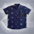 Load image into Gallery viewer, 7-Strong's Ballpark Blueprints collaboration featuring a navy blue button-down shirt with an all-over print featuring white blueprint-style diagrams of various Major League Baseball stadiums. The shirt is laid flat on a background that also displays similar stadium blueprints.