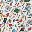 Load image into Gallery viewer, Midsection view of 7-Strong Class Act youth button-down featuring various classroom items such as pencils, rulers, globes, notebooks, apples, protractors, etc against a white graph paper background. Shirt is against a background of school supplies.