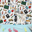 Load image into Gallery viewer, Bottom sweep tag view of 7-Strong Class Act youth button-down featuring various classroom items such as pencils, rulers, globes, notebooks, apples, protractors, etc against a white graph paper background. Shirt is against a background of school supplies.