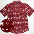 Load image into Gallery viewer, A centered full view of the 7-Strong adult "Smoke Show" button up, a deep maroon red colored shirt with rows of various barbecue and cookout related items and delicacies silhouetted in white. The bottom right features a detail circle showing a close-up of elements in the design.