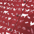 Load image into Gallery viewer, A close-up, midsection view of the 7-Strong adult "Smoke Show" button up, a deep maroon red colored shirt with rows of various barbecue and cookout related items and delicacies silhouetted in white.