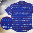 Load image into Gallery viewer, A full representation of 7-Strong's 1776 button down shirt against a Declaration of Independence background. Shirt is royal blue with stripes of various Americana icons, including the original 13 colonies and revolutionary war items. On the left of the picture, there is a close-up circle giving detail to the various icons on the shirt.