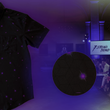 Load image into Gallery viewer, 3/4 full view of the 7-Strong "Flux Capacity" short sleeve button down, showcasing bursts and lines of purple light peering through a black grid of cubes. The background is of a fashion show runway in purple hue. Off centered on the right is a detail circle showcasing the shirt's design.