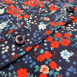 Load image into Gallery viewer, Close up of the middle button portion of the 7-Strong "Aye Poppy" button down which features red poppies with white sprigs against a deep navy blue background.