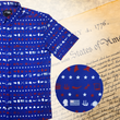 Load image into Gallery viewer, A 3/4 representation of 7-Strong's 1776 button down shirt against a Declaration of Independence background. Shirt is royal blue with stripes of various Americana icons, including the original 13 colonies and revolutionary war items. On the right of the picture, there is a close-up circle giving detail to the various icons on the shirt.