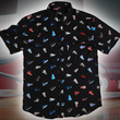 Load image into Gallery viewer, Full view of the adult short sleeve version of "Got 'Em!" The button down features various athletic fashion sneakers in an 8-bit format arranged all over a black shirt. The shirt is featured against a background of a basketball player on the court, noticeable sneakers being worn