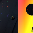 Load image into Gallery viewer, Close up view, focusing on mid torso and buttons of short sleeve adult button down shirt, black as base color and adorned with multicolored version of our 7-Bolt design. Shirt is on a multicolor gradient-like background, in the upper right corner there is a circled out close up of the colored 7-bolts and on the bottom right, the logo for onePULSE Foundation, our cause collection partner.