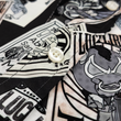 Load image into Gallery viewer, Midsection button view of the adult 7-Strong "Cinco de Mayhem" button down shirt. Shirt features black and white posters featuring various created luchadors advertised for matches, all overlapping each other over a black shirt. Shirt is displayed on a black gradient background with some of the characters ghosted in the back.