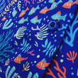 Load image into Gallery viewer, Close up mid torso shot of the 7-Strong "Coral of the Story" adult button down shirt. Color of the shirt is blue with vibrant purple, teal, orange sea life imagery - particularly fish and coral reef.