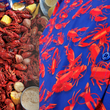 Load image into Gallery viewer, Half shirt view of the 7-Strong Dat Boil shirt, buttons featured most prominently, in deep navy blue with red crawfish patterned throughout overlapping one another. The shirt itself sits on a background image of items from a Crawfish Boil such as crawfish, seasoning, corn, and potatoes.