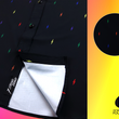 Load image into Gallery viewer, Close up, focusing on sweep tag portion of short sleeve adult button down shirt, black as base color and adorned with multicolored version of our 7-Bolt design. Shirt is on a multicolor gradient-like background, in the upper right corner there is a circled out close up of the colored 7-bolts and on the bottom right, the logo for onePULSE Foundation, our cause collection partner.