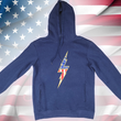 Load image into Gallery viewer, Full view of the navy blue Freedom Bolt hoodie, showcasing a gold outlined 7-bolt with white stars on blue on top and red and white stripes on the bottom. The hoodie is featured on an American flag background.