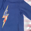 Load image into Gallery viewer, 3/4 view of the navy blue Freedom Bolt hoodie, showcasing a gold outlined 7-bolt with white stars on blue on top and red and white stripes on the bottom. The hoodie is featured on an American flag background.