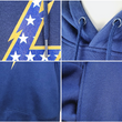 Load image into Gallery viewer, Four close up squares of the navy blue Freedom Bolt hoodie, showcasing the individual features of the hoodie. Top left is a close up of the hoodie drawstrings. Top right is of the washers retaining the drawstrings. Bottom left is close up of the extended pocket, while the bottom right features a close up of one pocket side.