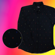 Load image into Gallery viewer, Full view of long sleeve adult button down shirt, black as base color and adorned with multicolored version of our 7-Bolt design. Shirt is on a multicolor gradient-like background, in the left corner there is a circled out close up of the colored 7-bolts and on the side on the left, the logo for onePULSE Foundation, our cause collection partner.