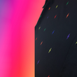 Load image into Gallery viewer, Close up, focusing on mid torso and button portion of long sleeve adult button down shirt, black as base color and adorned with multicolored version of our 7-Bolt design. Shirt is on a multicolor gradient-like background, and on along the side left, the logo for onePULSE Foundation, our cause collection partner.