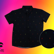 Load image into Gallery viewer, Full view of youth short sleeve button down shirts, black as base color and adorned with multicolored version of our 7-Bolt design. Shirt is on a multicolor gradient-like background, in the bottom left, the logo for onePULSE Foundation, our cause collection partner. On the right, a close up circle of the multicolored 7-bolts featured on the shirt.
